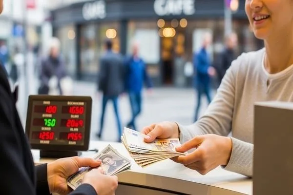 Customer exchanging currency for daily spending and income stability  

