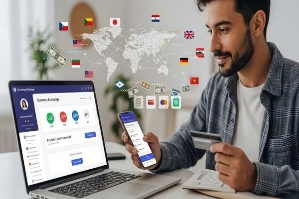 Trabajador independiente que utiliza una aplicación de cambio de divisas para el pago de salarios a nivel mundial.