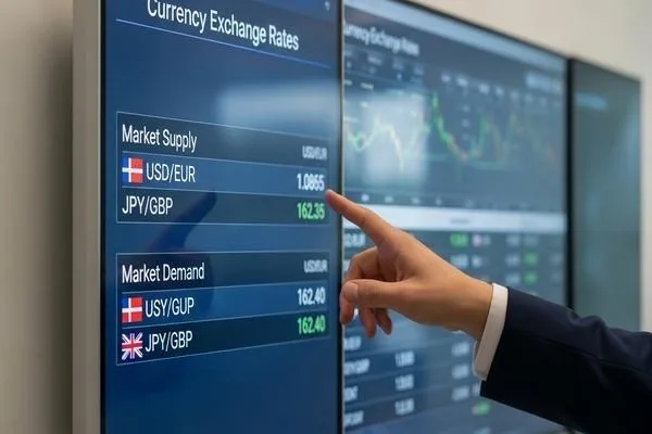Trader analyzing market supply and demand currency exchange rates
