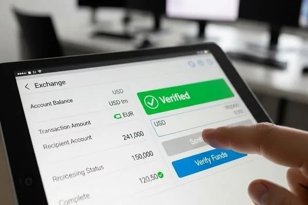 El usuario verifica los fondos para evitar retrasos en el cambio de divisas. 
