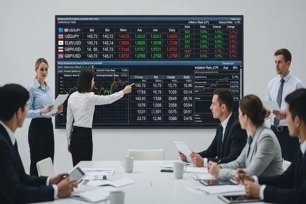Financial team reviewing economic data impacting currency exchange rates
