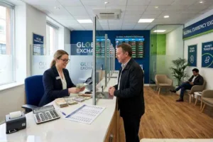 Mostrador de cambio de divisas que asiste al cliente en transacciones seguras