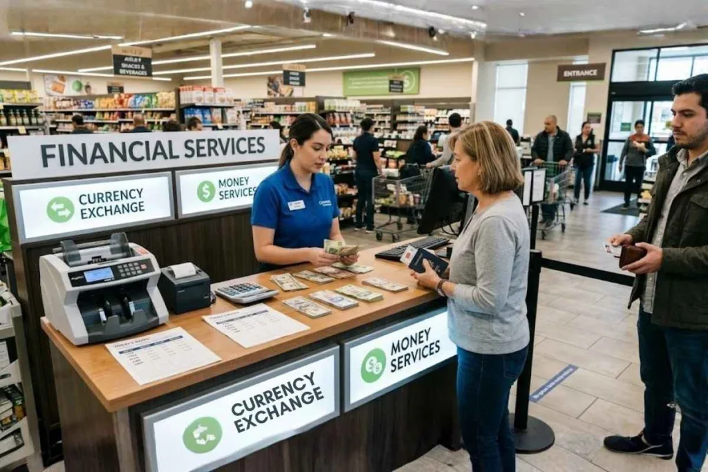 Mostrador de cambio de divisas dentro del supermercado
