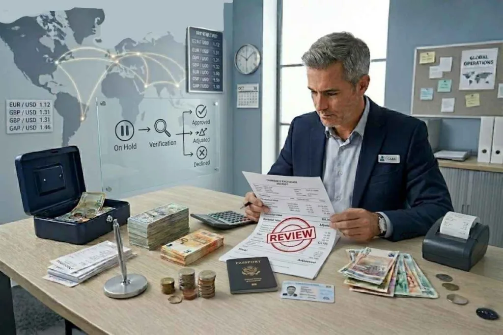 Transacción de cambio de divisas marcada para revisión