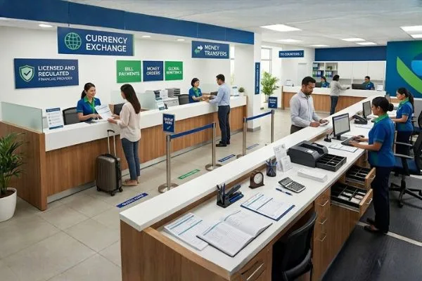 Visita a la casa de cambio mostrando la identificación y el proceso de pago
