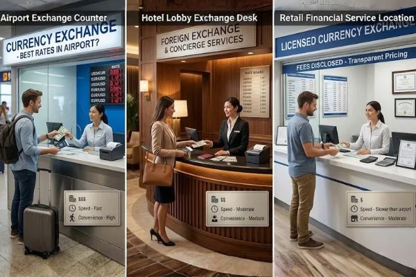 Exchange Currency counters at airport hotel and retail locations