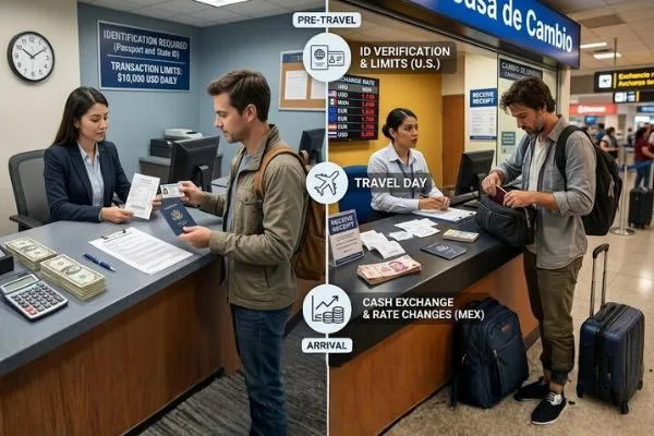 Exchange currency timing and ID verification process