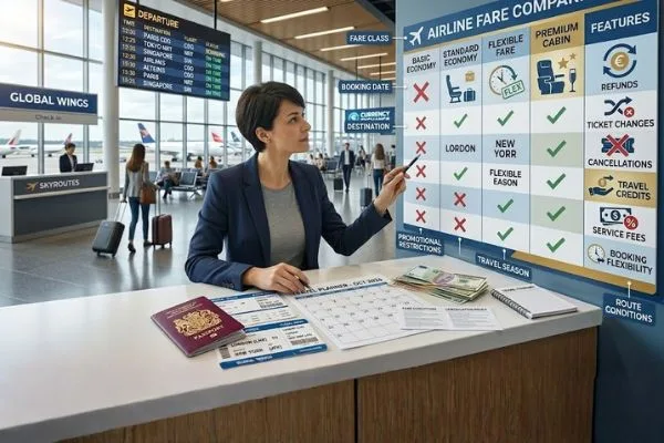 Viajero que compara las reglas y opciones de tarifas aéreas