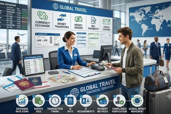 Viajero que utiliza el cambio de divisas antes de partir