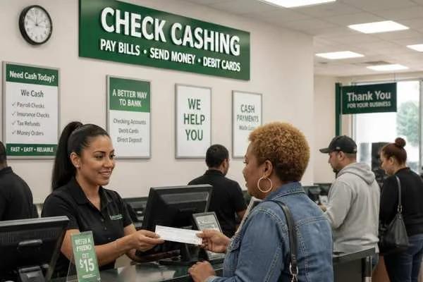 Customer completing a check cashing transaction at a licensed financial services location with check cashing, bill payment and money transfer services.
