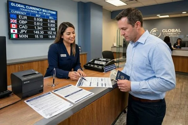 Personal bilingüe atendiendo a los clientes en la ventanilla de cambio de divisas