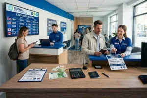 Ubicación de cambio de divisas que compara tipos de cambio y servicios