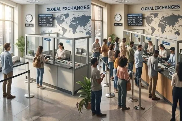 Comparación del volumen de clientes de cambio de divisas por la mañana y por la tarde
