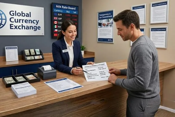 Empleado de cambio de divisas revisando los detalles de la transacción con el cliente