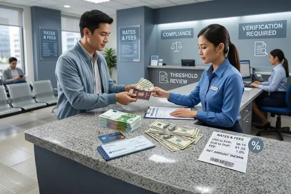 Currency exchange on someone's behalf with cash and fees displayed