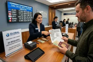 Cliente que completa una transacción de cambio de divisas con asistencia multilingüe