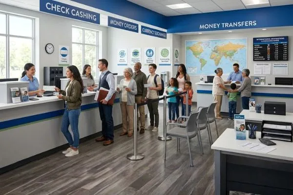 Clientes diversos que acceden a servicios de cobro de cheques y transferencias de dinero