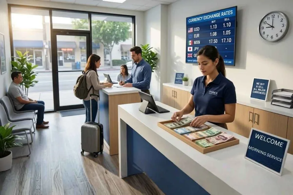 Servicio de cambio de divisas matutino con baja afluencia de clientes