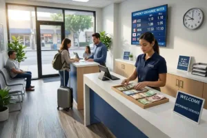 Servicio de cambio de divisas matutino con baja afluencia de clientes