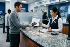 Persona que ayuda a cambiar divisas en nombre de otra persona en la ventanilla