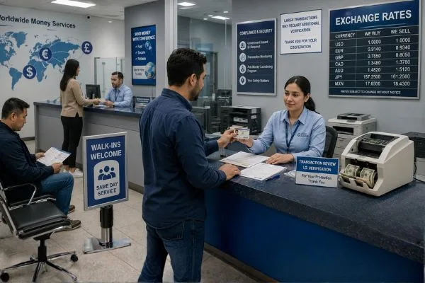 Retail currency exchange accepting walk-in customers daily