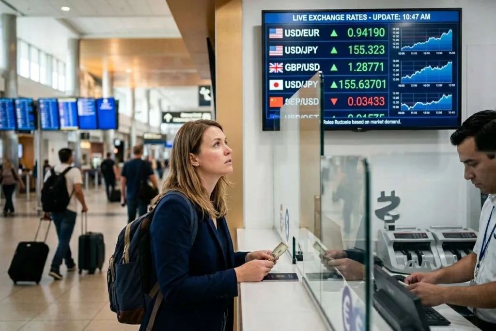 Viajero consultando las fluctuaciones del tipo de cambio en tiempo real en el aeropuerto