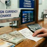 Mostrador de cambio de divisas con visualización de tipos de cambio y verificación de efectivo.