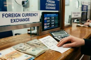 Mostrador de cambio de divisas con visualización de tipos de cambio y verificación de efectivo.