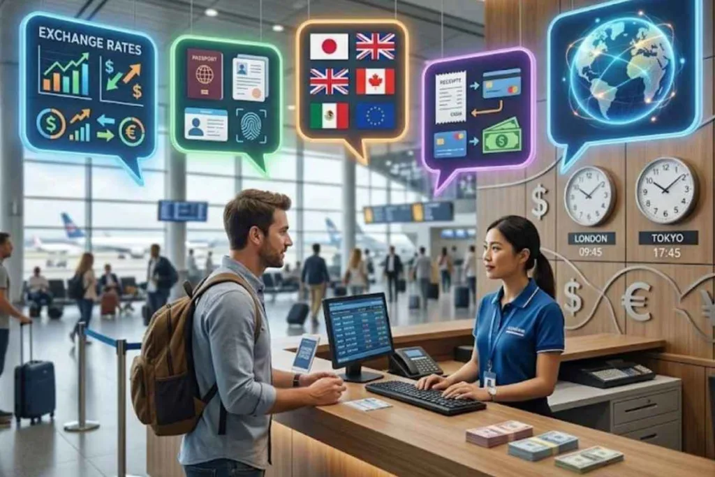 Traveler Using Currency Exchange At Airport