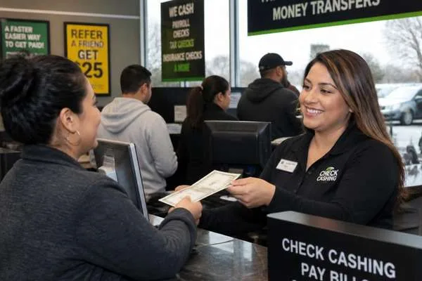 Customer completing a check cashing transaction with a service representative