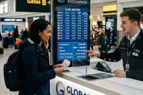 Viajero consultando los tipos de cambio en el mostrador del aeropuerto