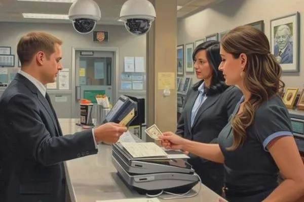 Teller Assisting Currency Exchange With Customer At Financial Counter 