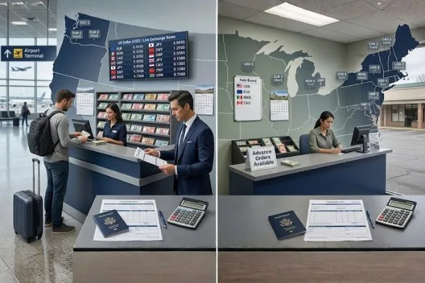 Airport currency exchange counter serving international travelers