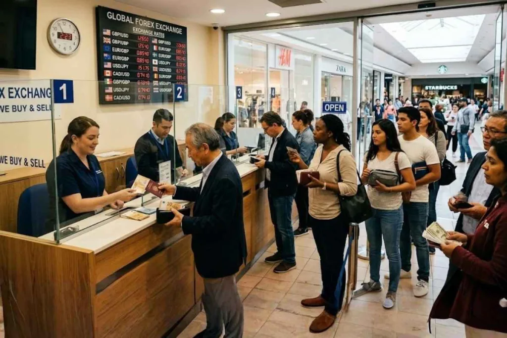 Mucha cola para cambiar divisas en el mostrador de atención al cliente durante el fin de semana