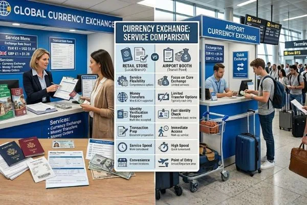 Currency exchange services and transaction preparation comparison