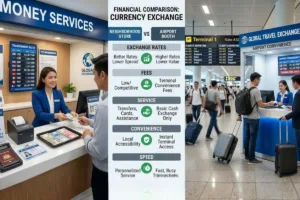 Comparación entre una casa de cambio y una cabina de cambio en el aeropuerto
