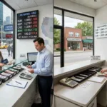 Cliente cambiando divisas en una sucursal urbana de EE. UU.