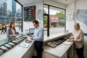 Cliente cambiando divisas en una sucursal urbana de EE. UU.