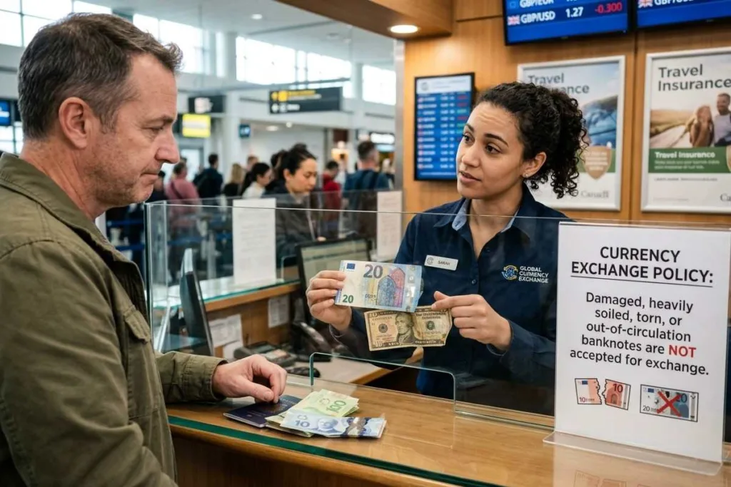 Billetes dañados rechazados durante una transacción de cambio de divisas