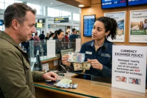 Billetes dañados rechazados durante una transacción de cambio de divisas