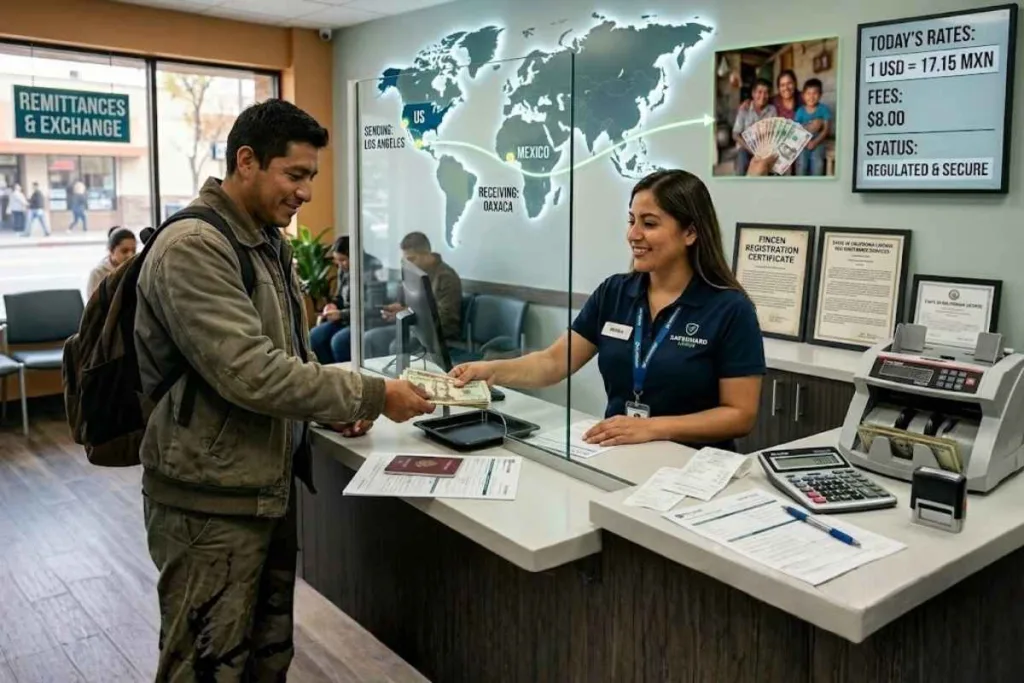Trabajador migrante enviando dinero en una casa de cambio