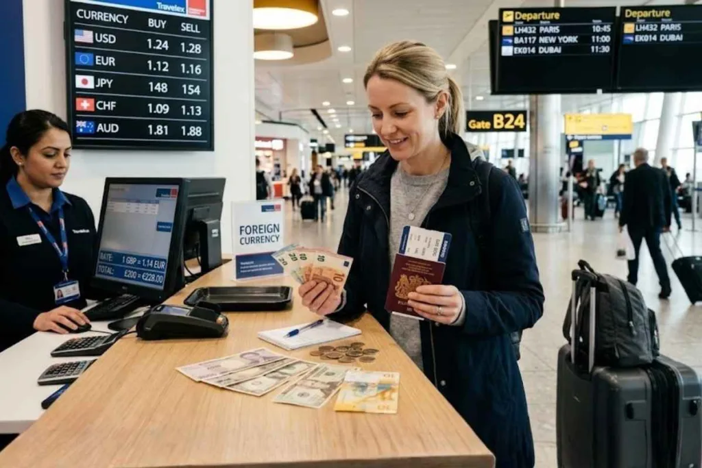 Viajero cambiando efectivo en moneda local en el aeropuerto