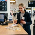 Viajero cambiando efectivo en moneda local en el aeropuerto