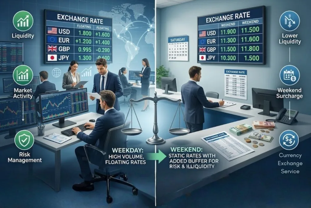 Weekend currency exchange rates versus weekday pricing