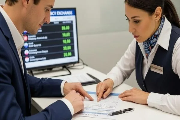 Customer verifying details on currency exchange form accurately