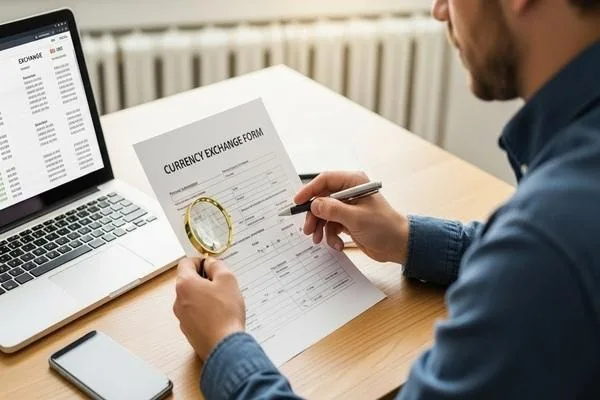 Man reviewing currency exchange form before submission