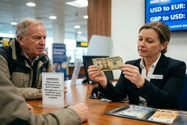 Customer inspecting worn banknotes during currency exchange evaluation