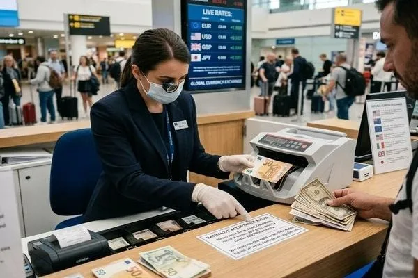 Employee verifying foreign banknotes during currency exchange