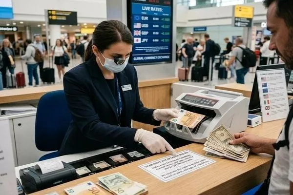 Empleado verificando billetes extranjeros durante el cambio de divisas