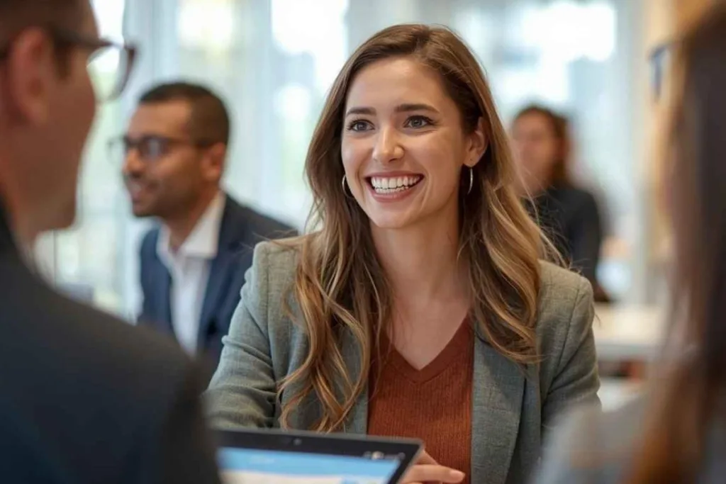 Cliente sonriendo durante la consulta sobre el servicio de cambio de divisas.
